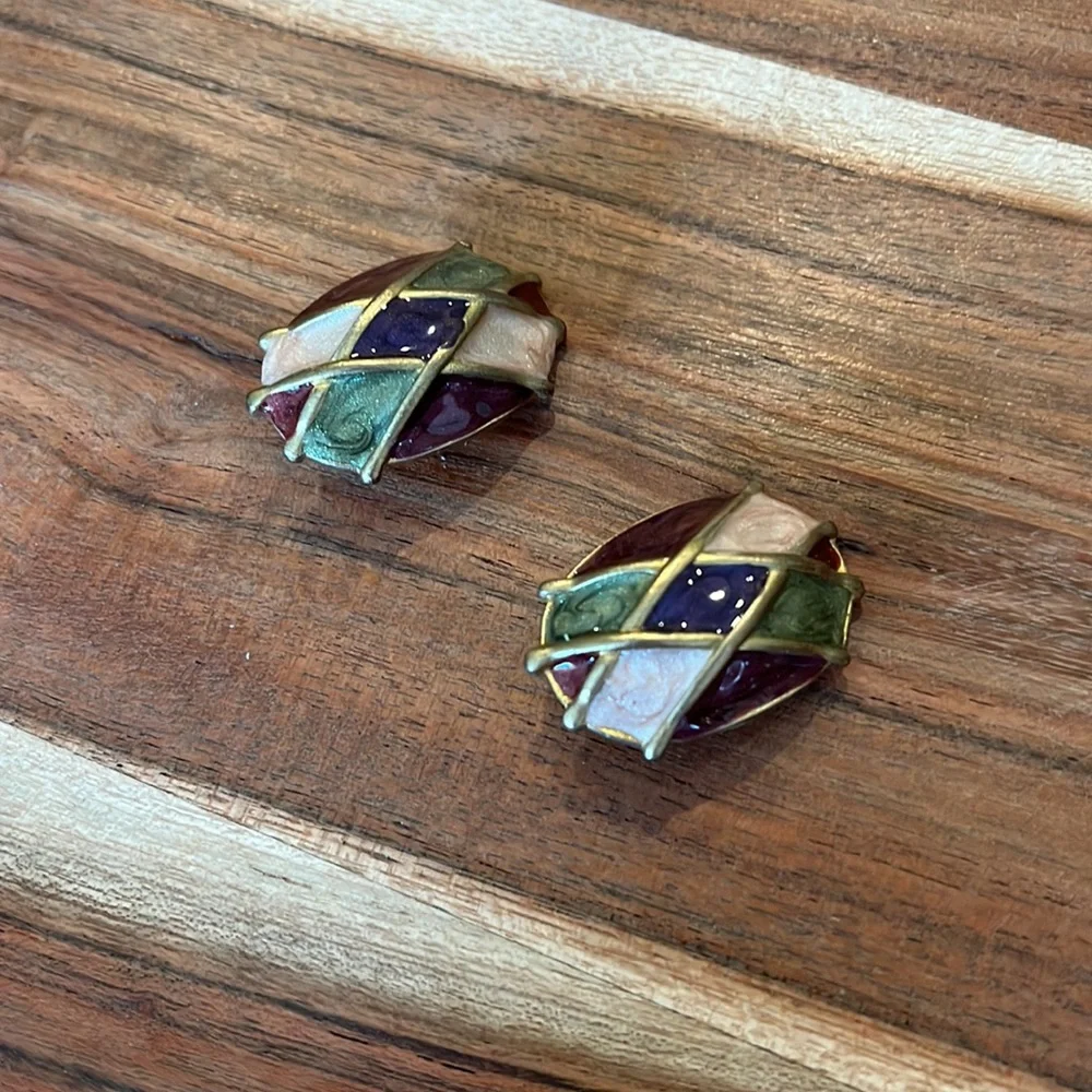 Chico's Multicolor Diamond Patterned Gold Clip On Earrings